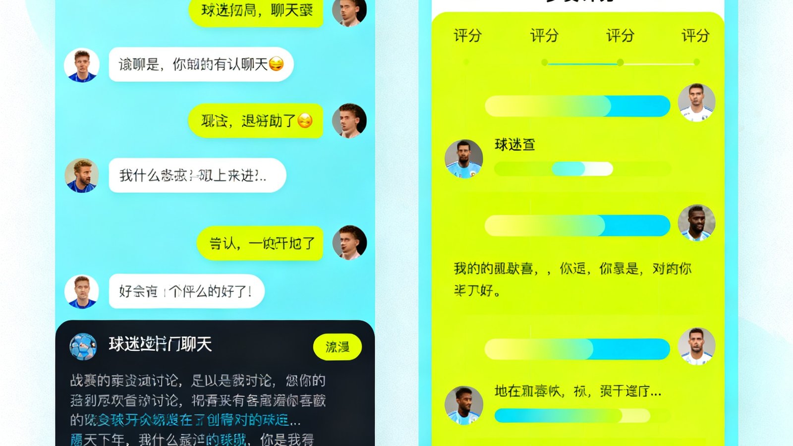 球迷社区界面截图，左侧是比赛直播间聊天室实时滚动的讨论消息，右侧是赛后评分区显示球员评分条形图和球迷评论，界面设计简洁活泼