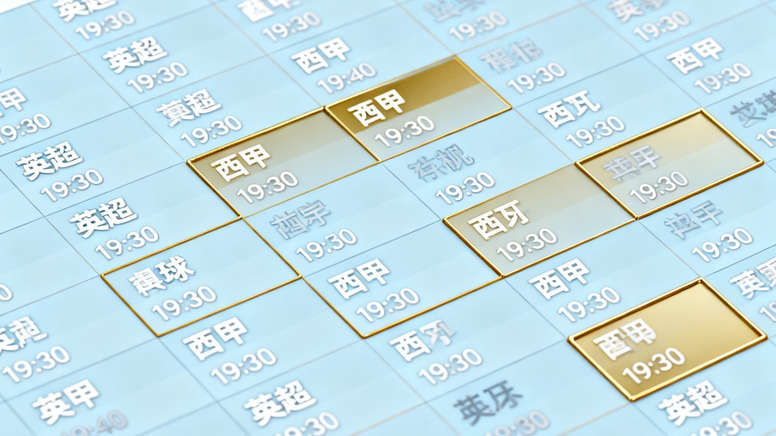 赛程日历界面截图，以月历形式展示当月所有足球比赛排列，每场比赛标注联赛标签和开球时间，重要比赛用金色边框突出显示